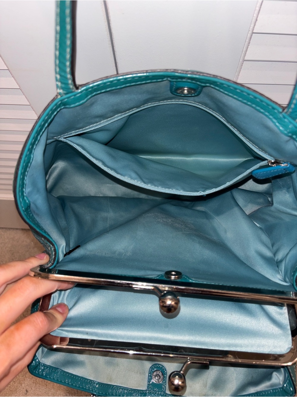 Coach Kiss Lock Carryall (Model F19215) Teal Patent Leather Tote - Picture 3 of 8